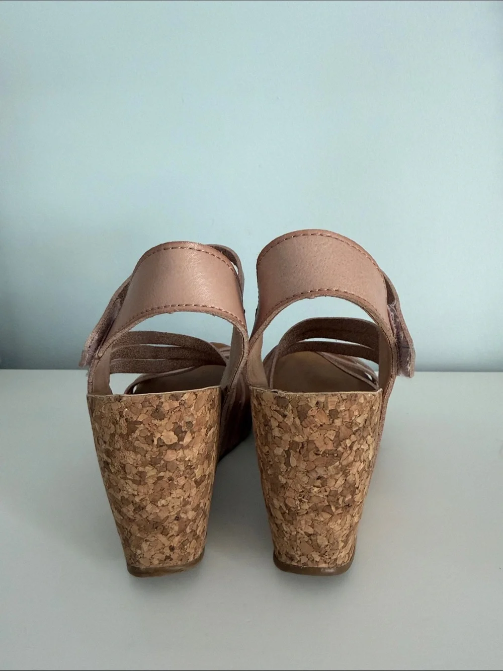 Cork Wedge Strappy Sandals in Rose Tan